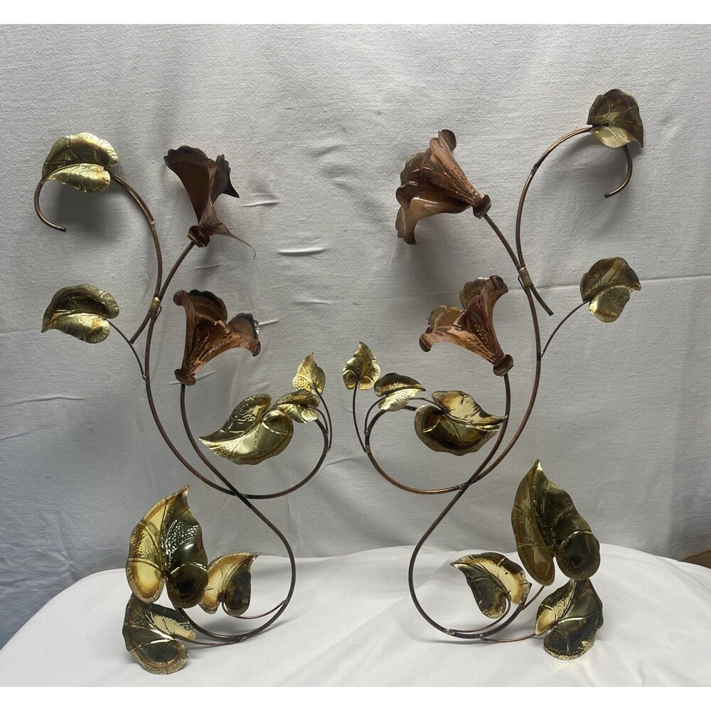 Vintage Home Interiors Set of 2 Copper & Brass Fowers Leaves Wall Hanging Decor